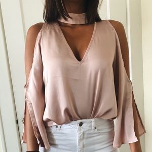 Silk Open Shoulder Champagne Blouse Top
